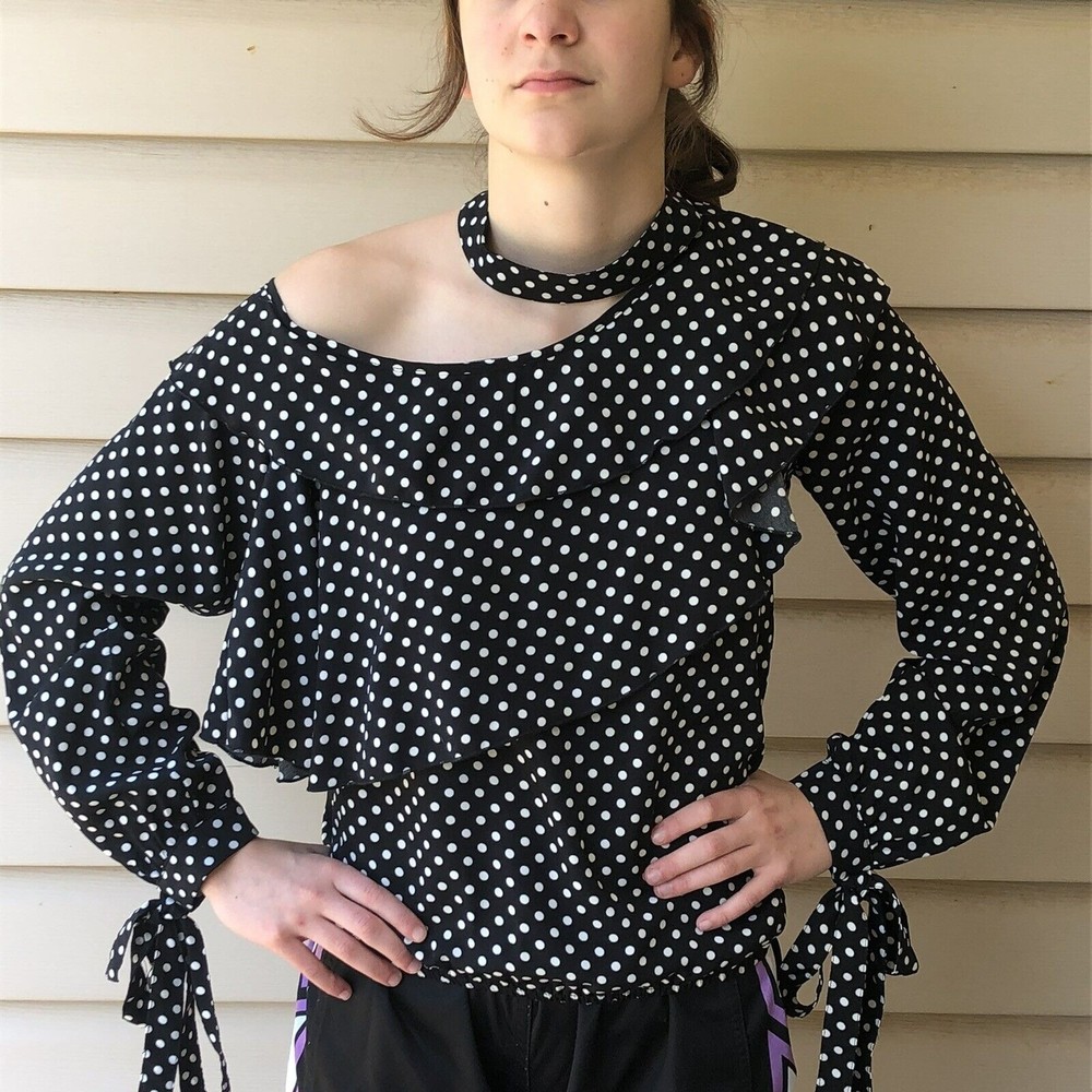 NWT Simplee Asymmetrical Polka Dot Black & White Blouse, Choker Collar, Size M